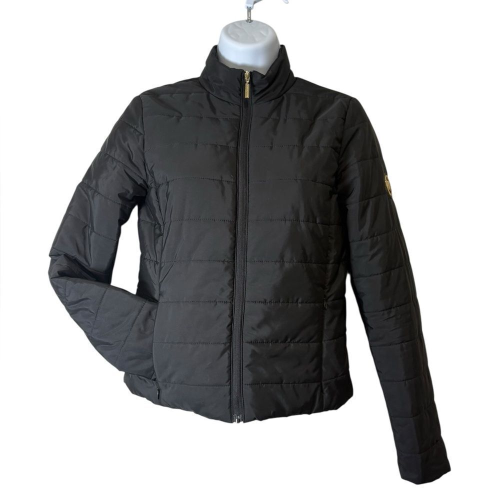 Michael Kors Black Quilted Puffer Jacket XS Gold MK Logo